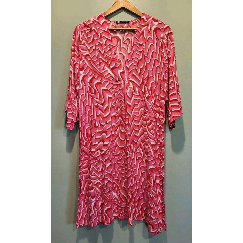 Zara Pink Red Swirl Print Lightweight 3/4 Sleeve Tunic Dress Sz S Oversized